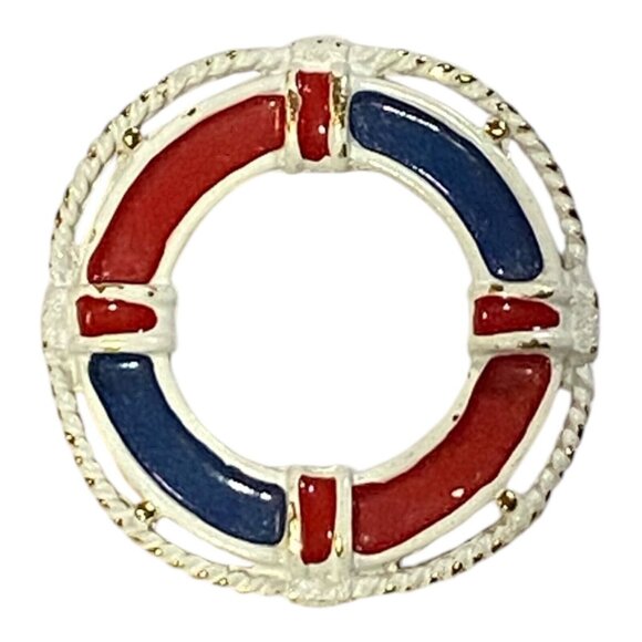 Vtg Nautical Life Preserver Beach Brooch Red White Blue Gold Tone Enamel Pin - Picture 3 of 11